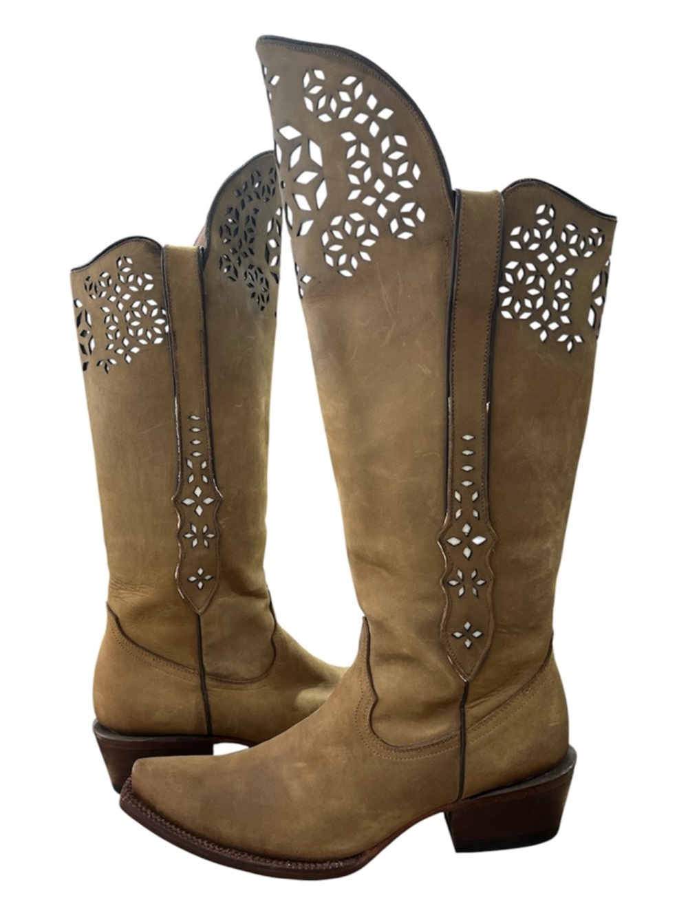 Tannermark Laser Cut Leather Tan Knee-High Western Boots